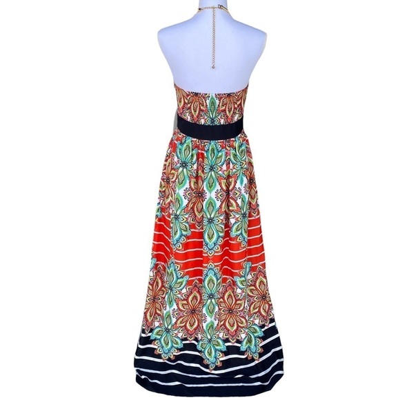 Eliza J Floral Striped Halter Maxi Dress Size 4 Bright Gold Chain Neckline GUC - Picture 3 of 14